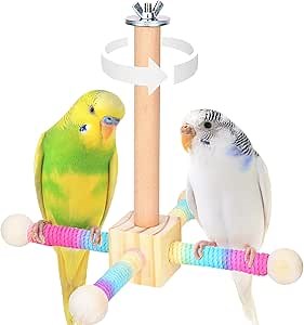 Bird Stand Perch Toy, Parrot 360° Interactive Rotating Toy, Wooden Parrot Toys, Bird Cage Accessories for Parakeets, Budgies, Cockatiels, Parrots, Conures, Lovebirds