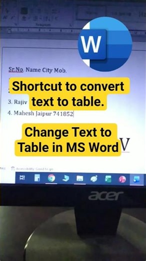How to Change Text to Table in MS Word. #shortfeed #shorts #learncomputerinhindi