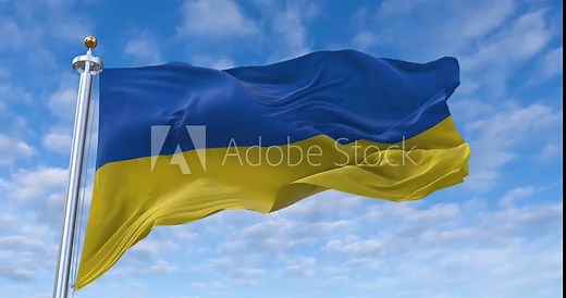 Ukraine flag with flagpole waving in wind, rolling clouds background looping, 4K video (Perfect Loop)