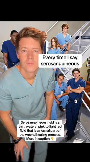 Serosanguineous drainage is wound or drain output that contains both serous fluid (clear yellow) and sanguineous fluid (bl**dy), resulting in a thin, watery, pink to light red appearance. It is commonly seen in the early postopeive period and reflects a mixture of serous fluid (mostly plasma) and red blood cells, typically indicating mild capillary bleeding her than active hemorrhage. 👆 succinct summary by @OpenEvidence #openevidenceadvisor #surgery #medicalstudent #residentphysician #nurse | J