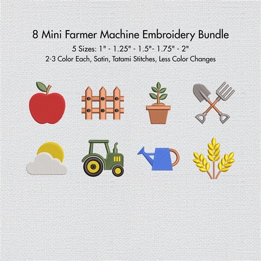 Mini Farmer Machine Embroidery Designs Bundle of 8 Farm Mini Embroidery Set With Tractor Apple Wheat, 5 Sizes - Etsy