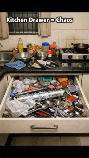 Home Buddy 🦋 on Instagram: "Indian family kitchen reality. Counter ganda lagta hai, par problem drawer hota hai. ₹1,500 ke under, same kitchen, no renovation. Drawer dividers + trays + lighting. Ab cooking peaceful lagti hai. Save this. Comment "KITCHEN" #indianhomes #budgetinteriors #homemakeover #interiordesign #homeinspiration indian kitchen drawer organization middle class kitchen storage ideas budget kitchen organization india small indian kitchen hacks cutlery drawer organization india da