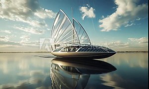 A futuristic boat with transparent sails gliding on calm waters under a blue sky.
