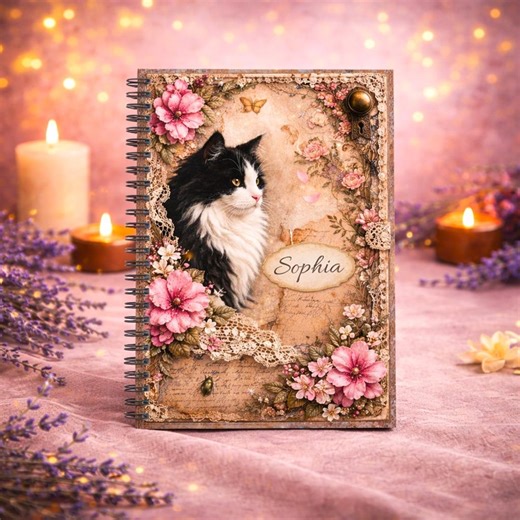 Personalized Cat Spiral Notebook, Vintage Floral Journal, Custom Name Kitty Notebook, Shabby Chic Pink Flower Notebook, Gift for Cat Lover - Etsy