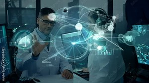 Two scientists collaborate on advanced research in a technologically equipped lab against a nighttime city backdrop