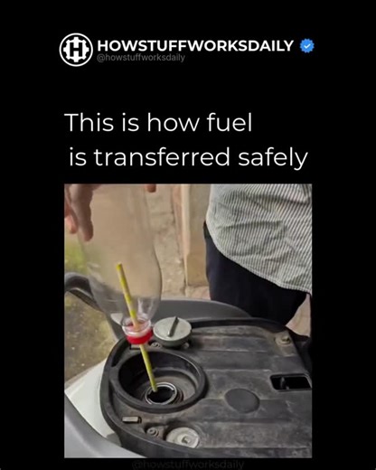 howstuffworksdaily on Instagram: "Fuel transfer doesn’t require suction — it relies on pressure and gravity. To start a siphon safely, the system needs to be primed so liquid replaces the air inside the tube. This method uses a simple container to create a pressure change, pushing fuel into the line without any direct contact. Once the tube is filled, gravity takes over. The fuel continues flowing from the higher container to the lower one as long as the outlet stays below the source. No mouth s