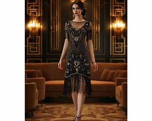 1920s Gatsby Flapper Dress, Art Deco Black Fringe Evening Dress - Etsy Australia