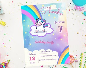 Unicorn Invitation, Digital Birthday Card Kids Party Invite Template, Editable Unicorn Birthday Invitation Template in Canva, Unicorn Card - Etsy