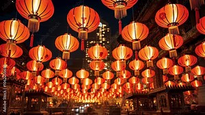 Chinese new year. Red chinese lantern in mid-autumn festival. Hanging paper lanterns glowing.