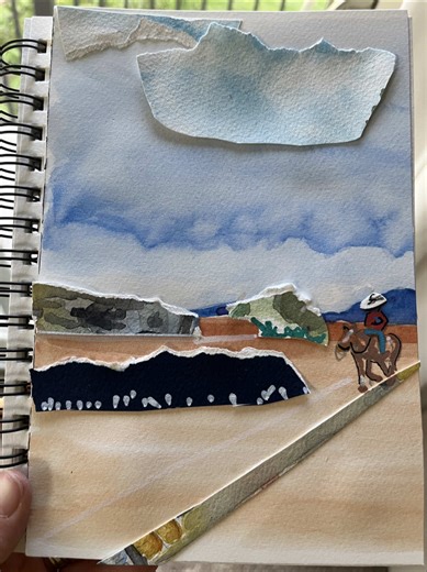 Some days when nothing seems to be going right, I make art just for myself. This is one based on a photo I took on the way to my daughter’s wedding. #collage #cowboy #watercolor #creativeinspiration