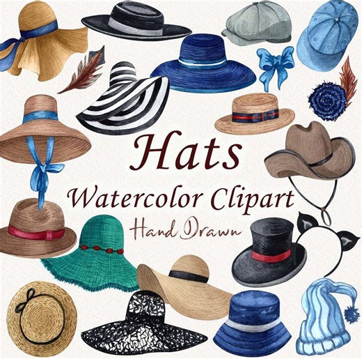 Hats Watercolor Clipart. Fashion Outfit Clipart. Women's Hats, Man Hat. Hat PNG - Etsy