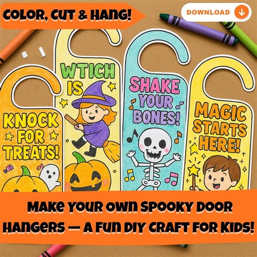 Printable Halloween Door Hangers for Kids – Color, Cut & Hang DIY Craft Activity - Etsy