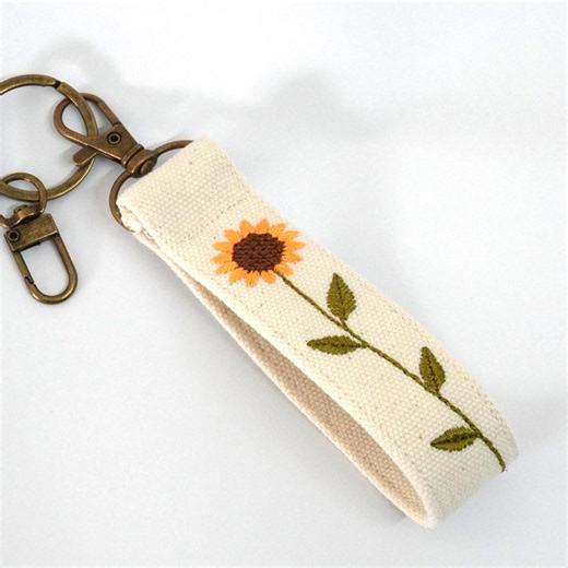 Personalized Sunflower Embroidered Keychain, Custom Name Canvas Keyring - Etsy