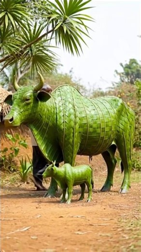 Unbelievable! 🐮 I Built a Life-Size Cow & Baby Calf from Leaves! #ASMR