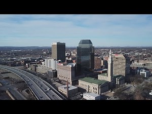 Aerial View of Springfield, MA Downtown, River Front and the Basketball Hall of Fame | With Music