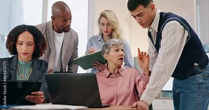 Meeting, laptop and business people with manager in office for project feedback, review or discussion. Computer, help and mature mentor with magazine editing team to publish online journalism article