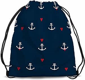 Nautical Element Pattern Drawstring Bag 14x16.9 Inch Red Hearts and Anchors on Navy Blue Background Gym Bag Stroage Small Exercise Accessiors Water Bottle Change of Clothes Shoes