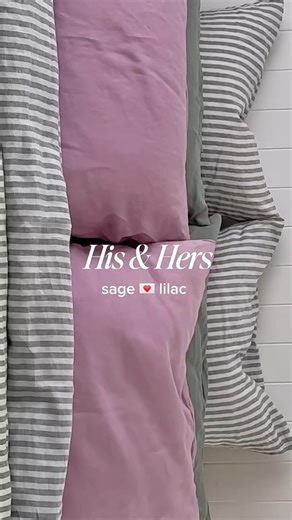 I Love Linen | Linen bedding & homewares on Instagram: "His and hers bedding, thoughtfully paired. Something for him, something for her 💚💜 a look that finds harmony in the bedroom. Sage green and lilac, a perfect match 💌 #newbedding #bedding #beddingrefresh"