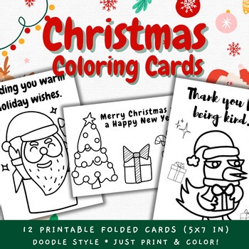 Christmas Coloring Cards | 12 Printable Folded Cards (5x7) | Doodle Holiday Card