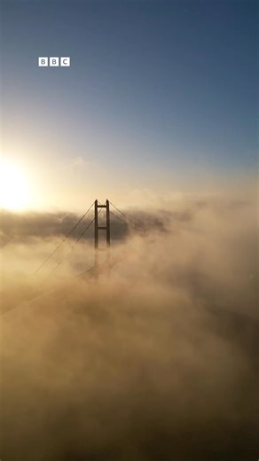 Winter sunshine breaks through the mist over the Humber Bridge ☀️ | BBC East Yorkshire