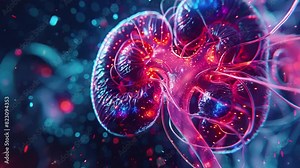 Human kidney futuristic. 3D illustration of human kidneys. Science and Medical technology. Kidney anatomy. Kidney cross section. Kidney hologram. Kidney disease. 4K Videos