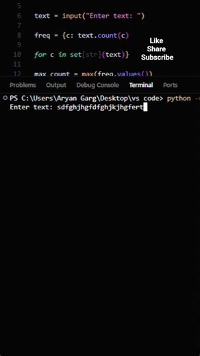 30/100 — Interesting Python Code|Character Frequency|#codequest.#coding #python #cursor #ytshorts