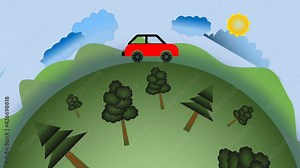 Simple animation: a red car travels around the world.