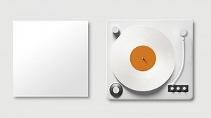 A smooth minimal animation of a vinyl record disc moving out of an album cover onto a record player.
