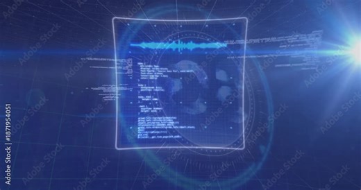 On start blue grid hologram ring emerging, code scrolling, panels forming around core for analytics