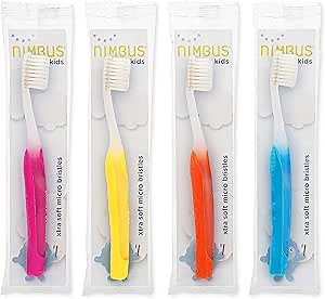 NIMBUS NIMBY Kid's Extra Soft Toothbrushes for Sensitive Teeth and Receding Gums, Periodontist Design Plaque Remover Travel Toothbrush, Individually Wrapped (4 Pack, Colors May Vary)