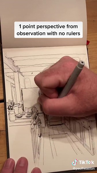 How to get started drawing real spaces in perspective from direct observation. #perspective #drawing #paulheaston #art #sketchbook #onepointperspective