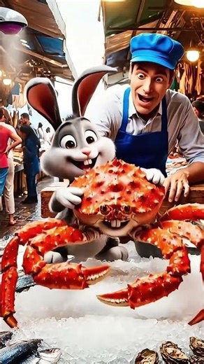 Pixar Style Gray Rabbit Chef Cooks Giant King Crab 🦀 | Cute Rabbit Cooking Adventure