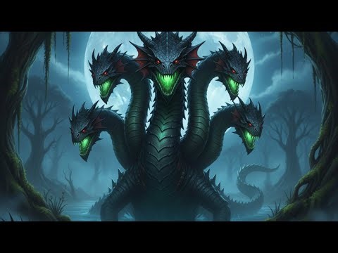 prompt in description: The Fearsome Hydra's Lair: Discovering the Mythical Beast in a Moonlit Swamp