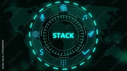 Digital Interface with the Word STACK in a Glowing HUD Against a World Map and Icons technology