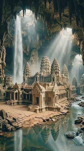 Building a Hidden Ancient Temple Inside a Massive Cave Waterfall‼️🏛️⛰️🌊🔨..bangunankuno #HiddenTemple