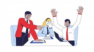 Conflict during meeting cartoon animation. Toxic workplace culture. Employees confrontation. Diverse team disagreement office dispute animated flat 2D characters 4K isolated on white, scene