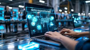 Repositories data in digital screen laptop and world map, for search data in industry