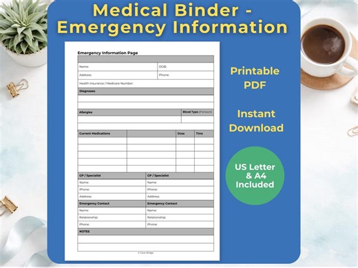 Emergency Information Printable for Your Medical Binder | Medical Information Sheet | Caregiver Emergency Form | Patient Emergency Contacts - Etsy