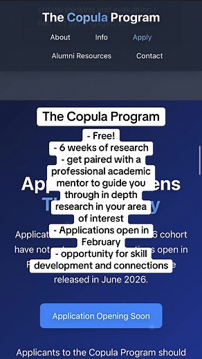 The Copula Program is a wonderful opportunity for highschoolers to conduct research with a mentor. Applications open in mid February. #copulaprogram #research #highschool #fyp #viral