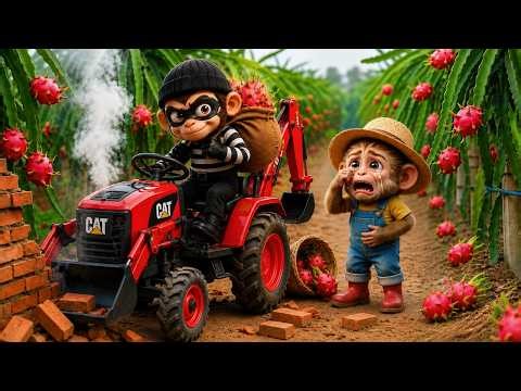 BiBi The Monkey Harvests Dragon Fruit And Catches a Thief On The Farm | Monkeys Harvesting