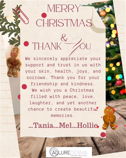 AllureDerma CosmeticSkinClinic on Instagram: "Merry Christmas… 🎄 remember today should be a day to fill your belly and your heart… to be surrounded by the people and places that make you feel good. We sincerely hope that whatever today means for you, it is fulfilling, happy and peaceful. Eat.. drink.. give.. sleep and be at peace 🥰🥰 And if you’ve forgotten a gift.. our vouchers are available online via the Fresha App 🙌🏼🫣😬😂. With much love and appreciation for your support throughout 2025