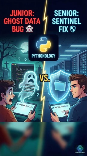 90% of Python beginners make this mistake! 📉 If you use a mutable object (like a list [] or dict {}) as a default argument, Python creates it ONCE when the script loads. That means every time you call the function, you are sharing the SAME list. It creates "Ghost Data" from previous calls! 👻 The Fix? Use None as the default. Have you ever fallen for this trap? 👇 ##pythonbag #codinginterview #pythonprogramming #developerfail #softwareengineering #codingtips #pythonology #debugging | Pythonolog