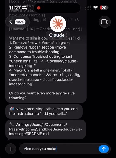 Runs fully claude from imessage (for free and Open source) ✨ Just text the agent with a task and get updated as it works on it except for the Claude Code sub - start tasks from messages - queues any messages you send while it works - speech to text your messages for hands free clauding - everything you can do with Claude Code but from your texts -/github.com/njerschow/textme | Md Ismail Sojal