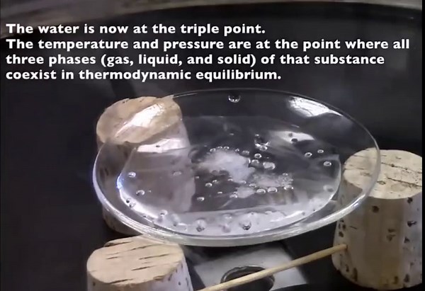 Water at its triple point. The triple point is the only condition in which all three phases (solid, liquid, gas) can coexist.