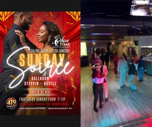 🎉 **Join Us for the Sunday Soirée!** 🎉 Calling all dancers from the 419, 313, and 734 areas! Get ready for a night of fun and movement at our **Sunday Soirée**! 🕖 **When:** Every Sunday from 7 PM to 11 PM 📍 **Where:** 419 Headquarters, 1608 Bancroft St. 🎶 **What:** Enjoy Ballroom, Steppin’, and Hustle dancing! Hosted by DJ EJ, this event is FREE, so bring your friends and let's dance the night away! 🍗 **Kitchen Open:** Serving delicious chicken, fish, shrimp, and more! Don't miss out on th