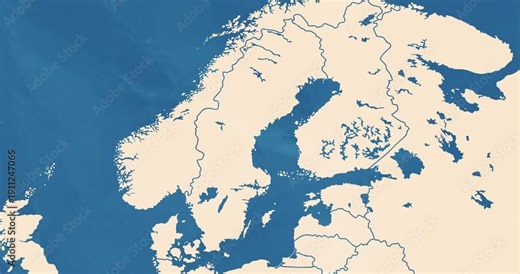 Beautiful zoom in of a sweden map with most important cities and frontier lines