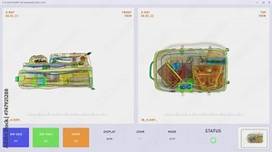 X-ray Screening Device Scanning Carry-on Luggage At Airport Customs. Airport Customs X-ray Device Detects Prohibited Ice Skates In A Sports Bag. Customs Checking Service At X-ray Conveyor Device.