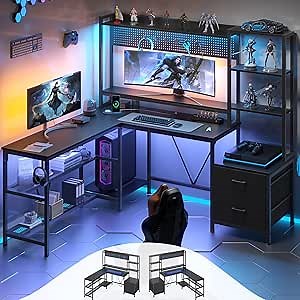 L Shaped Gaming Desk with Shelves, Reversible Computer Desk with Power Outlets LED Light, Home Office Desk with Monitor Stand Storage Racks 2 Drawers 5 Shelves Pegboard 8 Hooks Mouse Pad(Black)