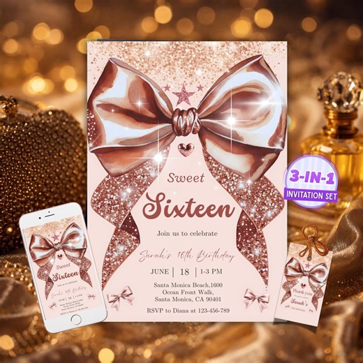 Sweet 16 Birthday Invitation Template, Rose Gold Glitter Bow Sixteen Invite Canva, Editable Sweet Sixteen Party Invite, Printable Digital