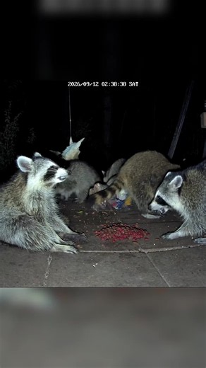 7 raccoons chilling and eating together #animals #raccoon